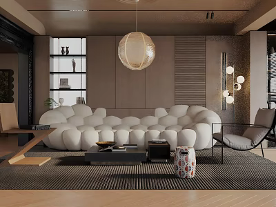 Modern Living Room With Cloud Like White Sofa Round Pendant Light And Wooden Floor 3d model
