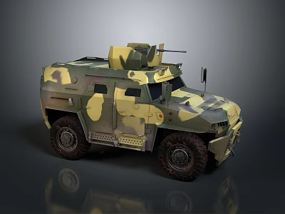 Military Armored Tank Featuring Green Yellow Camouflage Turret Machine Gun And Four Wheels Design 3d model