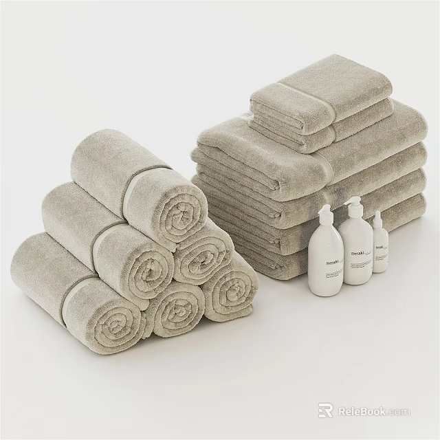 Soft Neutral Color Cotton Bath Towels Stacked And Rolled With Bath Product Bottles 3d model 