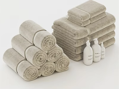Soft Neutral Color Cotton Bath Towels Stacked And Rolled With Bath Product Bottles 3d model