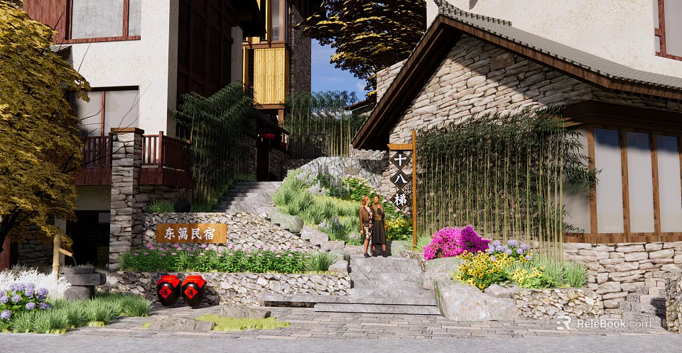 Traditional Chinese Guesthouse Building With Stone Walls Wooden Elements And Lush Greenery 3d model 