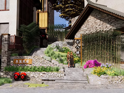 Traditional Chinese Guesthouse Building With Stone Walls Wooden Elements And Lush Greenery 3d model