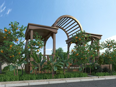 Garden Landscape With Wooden Archway Orange Trees Green Foliage And Blue Sky View 3d model
