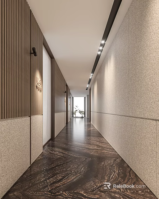 Modern Elevator Hallway With Wooden Panel Walls Stone Textured Walls Dark Flooring And Ceiling Lights 3d model 