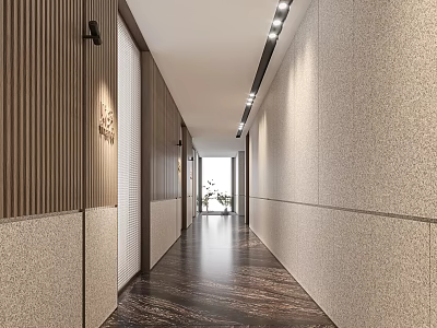 Modern Elevator Hallway With Wooden Panel Walls Stone Textured Walls Dark Flooring And Ceiling Lights 3d model