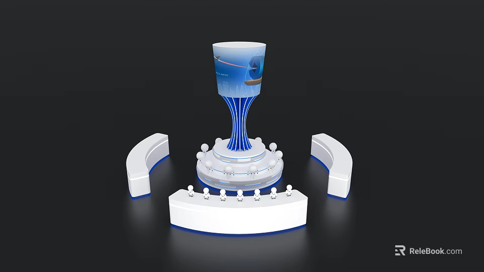 Modern Exhibition Island Design With Blue White Column Structure And Curved Elements 3d model