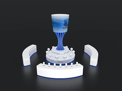 Modern Exhibition Island Design With Blue White Column Structure And Curved Elements 3d model