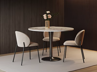 Round Marble Top Dining Table Set With Light Upholstered Chairs And Floral Vase 3d model