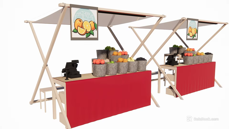 Fresh Fruit Stand with Canopy Orange Images Baskets Fresh Fruits Cash Register Red Countertop 3d model 