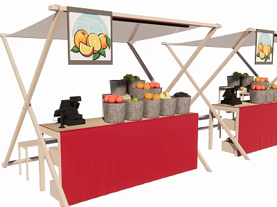 Fresh Fruit Stand with Canopy Orange Images Baskets Fresh Fruits Cash Register Red Countertop 3d model