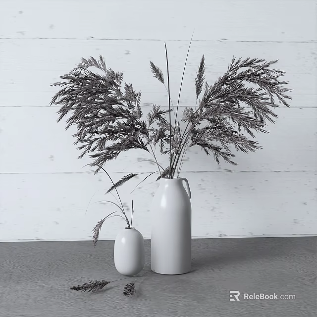 Two White Vases With Dried Grass Flowers On Gray Tabletop And White Wooden Wall Background 3d model 