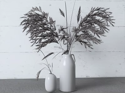 Two White Vases With Dried Grass Flowers On Gray Tabletop And White Wooden Wall Background 3d model