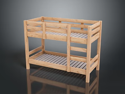 Wooden Bunk Bed With Two Tier Design Safety Rails And Solid Wood Frame 3d model