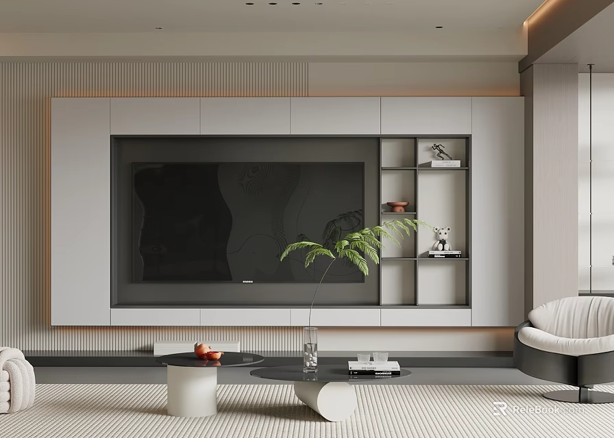 Modern Paneled TV Wall Design With White Gray Cabinetry And Potted Plant In Living Room 3d model 