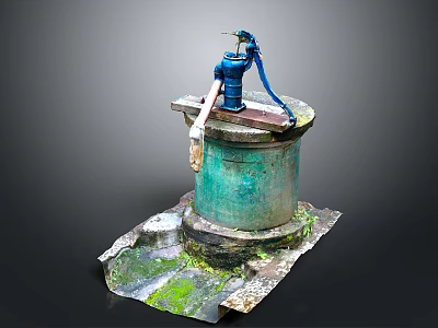 Rustic Hand Water Pump On Green Stone Well Platform With Mossy Weathered Ground 3d model