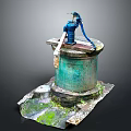 Rustic Hand Water Pump On Green Stone Well Platform With Mossy Weathered Ground