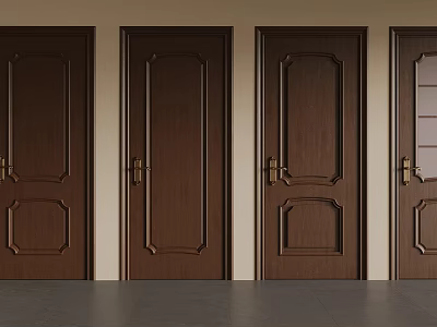 Dark Brown Wooden Swing Doors With Carved Panels And Glass Inserts For Home Interior 3d model