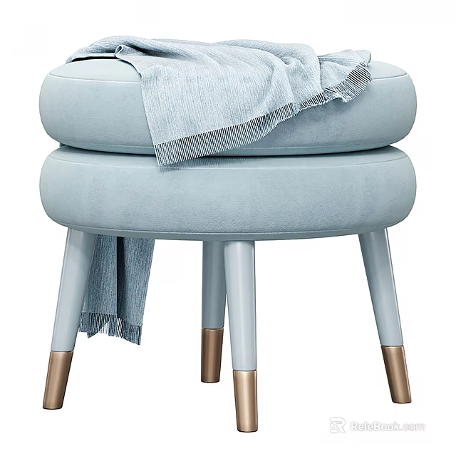 Light Blue Stool With Layered Seat Cushions Legs Gold Accents Draped Blanket 3d model 