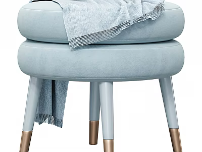Light Blue Stool With Layered Seat Cushions Legs Gold Accents Draped Blanket 3d model