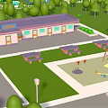 Cartoon City Scene With Colorful Tall Buildings Low Rise Structures Green Lawns And Trees