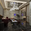 Modern Elegant Shop Front Desk With Marble Wall Chandelier Sofa Rug And Bookshelf