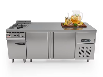 Stainless Steel Functional Table with Control Panel Storage Cabinets Beverage Jug and Lemon Slices 3d model