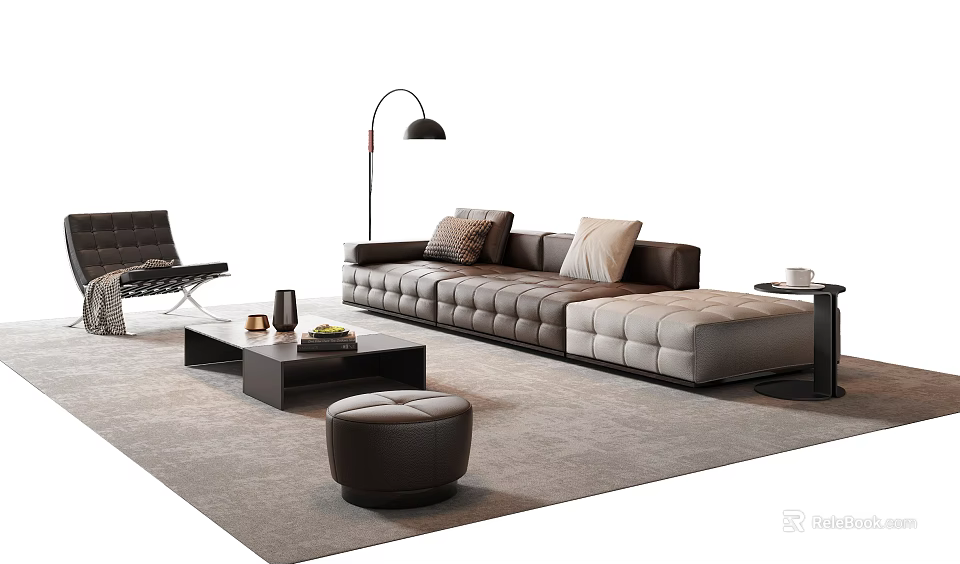 Modern Living Room Interior With Leather Sofa Black Coffee Table Ottoman And Floor Lamp 3d model 