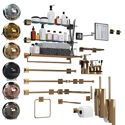 Modern Brass Chrome Black Copper Bathroom Washing Daily Supplies with Bottles and Racks 3d model