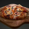 Delicious Sliced Pizza on Wooden Board with Tomato Sauce Melted Cheese Olives on Parchment Paper