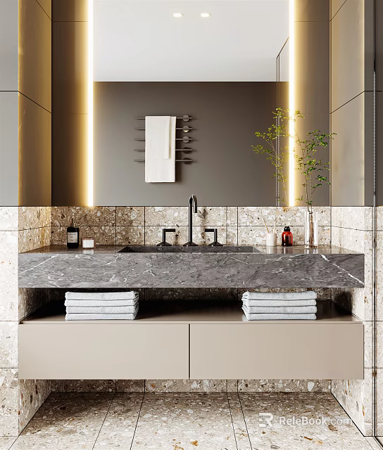 Bathroom Vanity With Marble Countertop Faucets Tiled Wall Backlit Mirror Folded Towels And Green Plant 3d model 