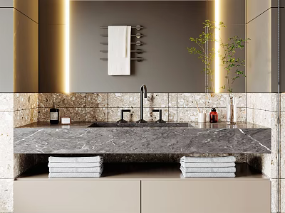 Bathroom Vanity With Marble Countertop Faucets Tiled Wall Backlit Mirror Folded Towels And Green Plant 3d model