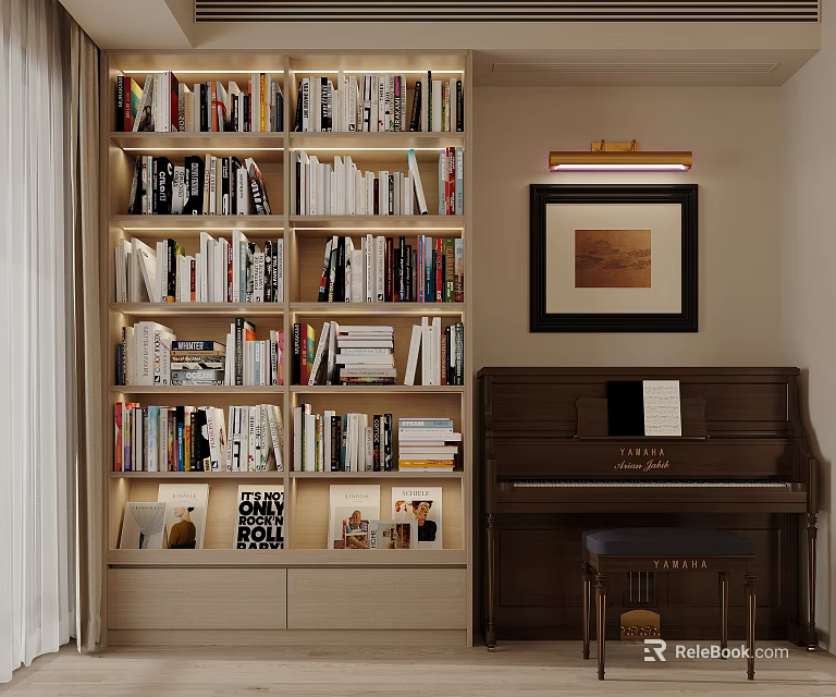 Cozy Study Room Interior With Built in Bookshelves Numerous Books Wooden Piano And Framed Artwork 3d model 