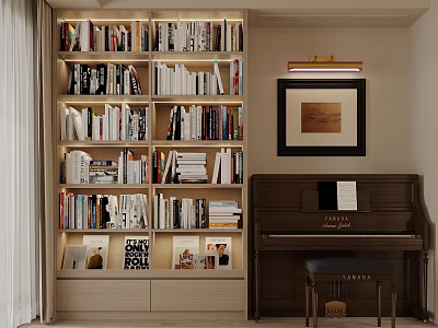 Cozy Study Room Interior With Built in Bookshelves Numerous Books Wooden Piano And Framed Artwork 3d model