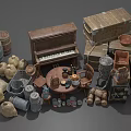 Vintage Collection Of Old Piano Wooden Crates Barrels Sacks And Furniture