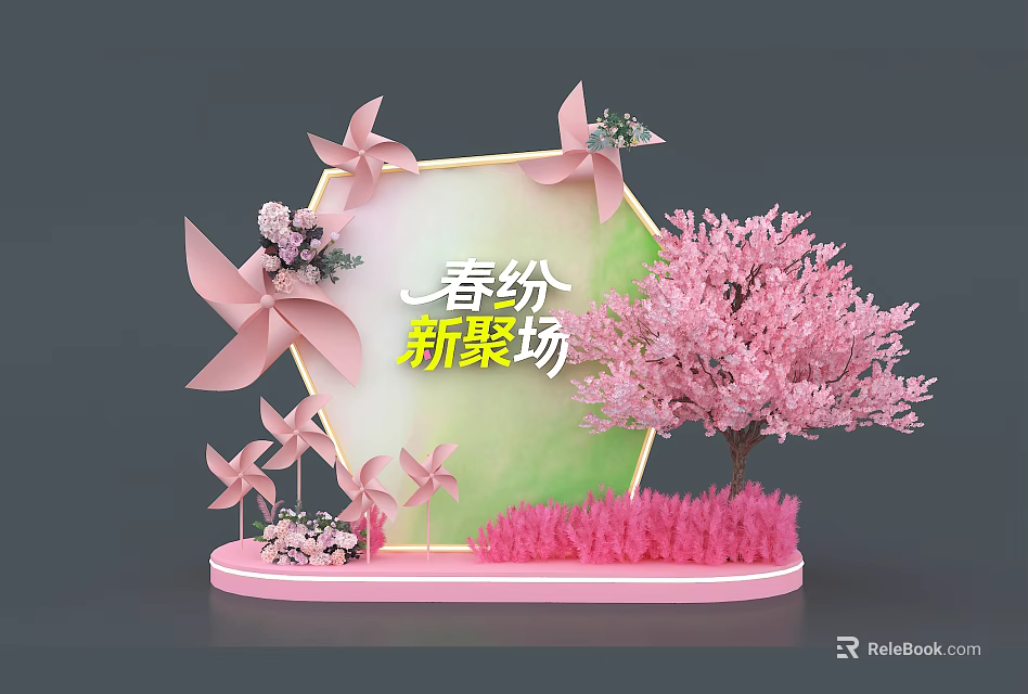 Spring Equinox Photo Check-in Spot With Pink Windmills Cherry Blossom Tree And Hexagonal Backdrop 3d model 