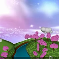 Fantasy Natural Scene With Pink Trees Green Grass Blue Lake White Clouds And Stars
