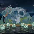 Starry Night Photo Check-in Spot With Full Moon Mountains Trees And Ice Blocks On Water