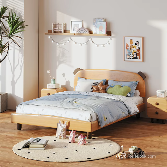 Cute Cartoon Ear Design Solid Wood Kids Bed For Cozy Bright Children Bedroom Space 3d model 