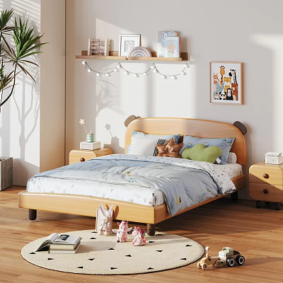 Cute Cartoon Ear Design Solid Wood Kids Bed For Cozy Bright Children Bedroom Space 3d model