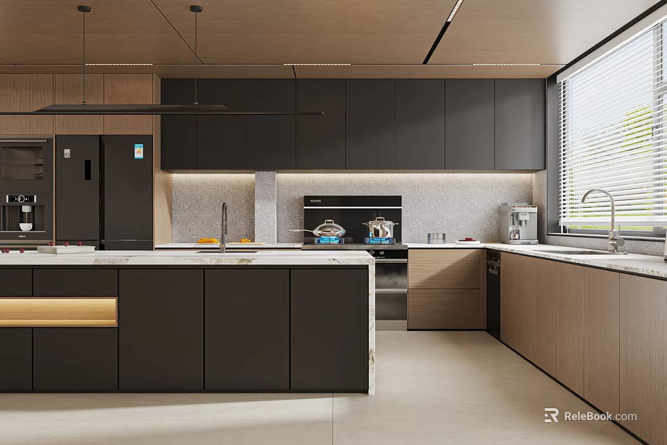 Modern Black Kitchen Interior With Island Counter Cabinets And Natural Light 3d model 