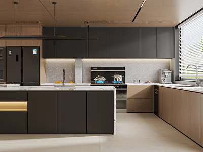 Modern Black Kitchen Interior With Island Counter Cabinets And Natural Light 3d model