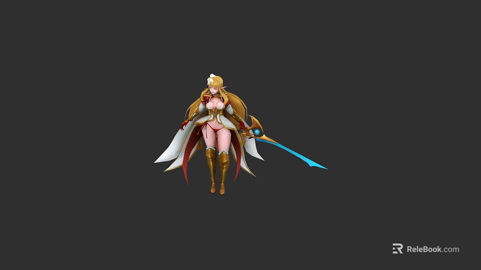 Elegant Game and Movie Character With Long Blonde Hair White Red Outfit And Blue Sword 3d model 