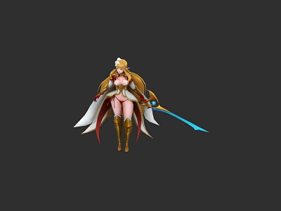 Elegant Game and Movie Character With Long Blonde Hair White Red Outfit And Blue Sword 3d model
