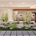 Zen Garden Landscape with Rocks Pond Red Fish Bamboo Plants Pavilion Lanterns and Stone Path