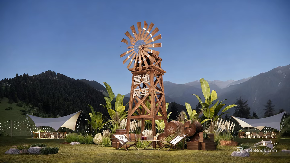 Traditional Wooden Windmill Structure at Fenghua Camp with Mountains Green Plants and Tents 3d model 