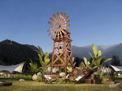 Traditional Wooden Windmill Structure at Fenghua Camp with Mountains Green Plants and Tents 3d model