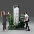 People Taking Selfie And Checking Stand Information Signboard With Green Plants