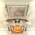 Classic Marble Fireplace With Ornate Mirror And Angel Statues And Burning Flames Design