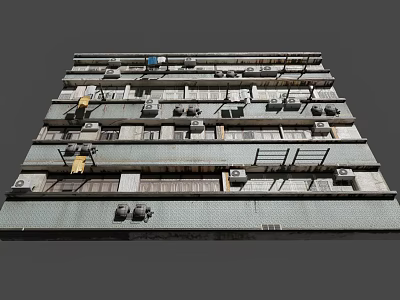Exterior View Of Multi Floor Residential Building With Balconies Air Conditioners And Drying Clothes 3d model