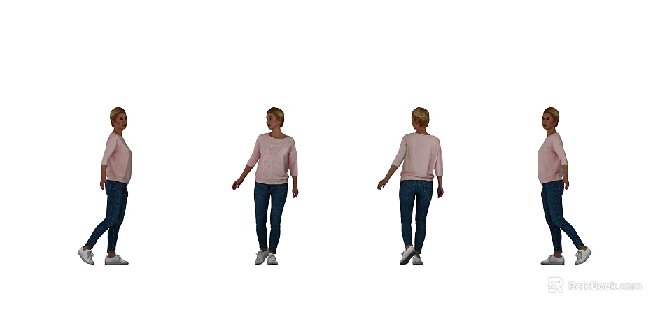 Full Length Woman in Pink Top Blue Jeans and White Shoes Standing in Different Angles 3d model 